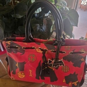 Dooney & Bourke Scottish Dog Terrier Print Red Black Tote Bag With Bone Charm